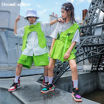 Летняя уличная одежда в стиле хип-хоп для мальчиков, Зеленый жилет для девочек, Шорты-карго, Комплекты одежды, Детская юбка, рубашка, Детские костюмы для уличных танцев