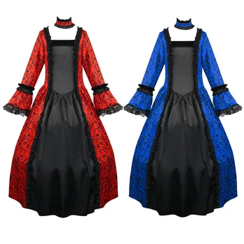 Длинные платья для девочек в готическом стиле на Хэллоуин, Кружевное платье с оборками и поясом, Средневековое Классическое платье с длинным рукавом, детский косплей-костюм