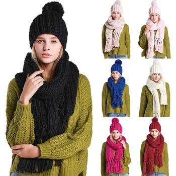 Женский зимний комплект из 2 шт. однотонной вязаной шапки-бини с кисточками и длинным шарфом