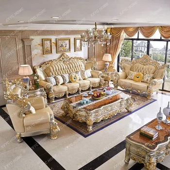 Кожаный диван из массива дерева, Элитный комплект для гостиной на вилле, Большая квартира с резьбой из массива дерева