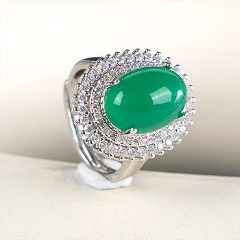 Роскошное женское кольцо с зеленым драгоценным камнем овальной формы из стерлингового серебра 925 пробы с открытой регулировкой размера Свадебный Рождественский подарок для женщин на свидание