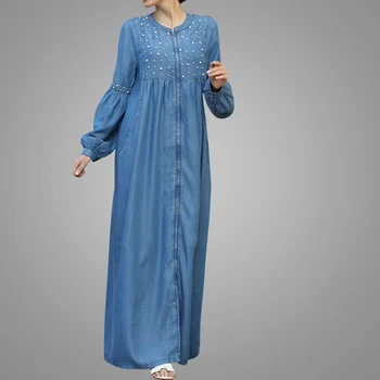 Джинсовое исламское платье с пышными рукавами, расшитое бисером, Исламская одежда